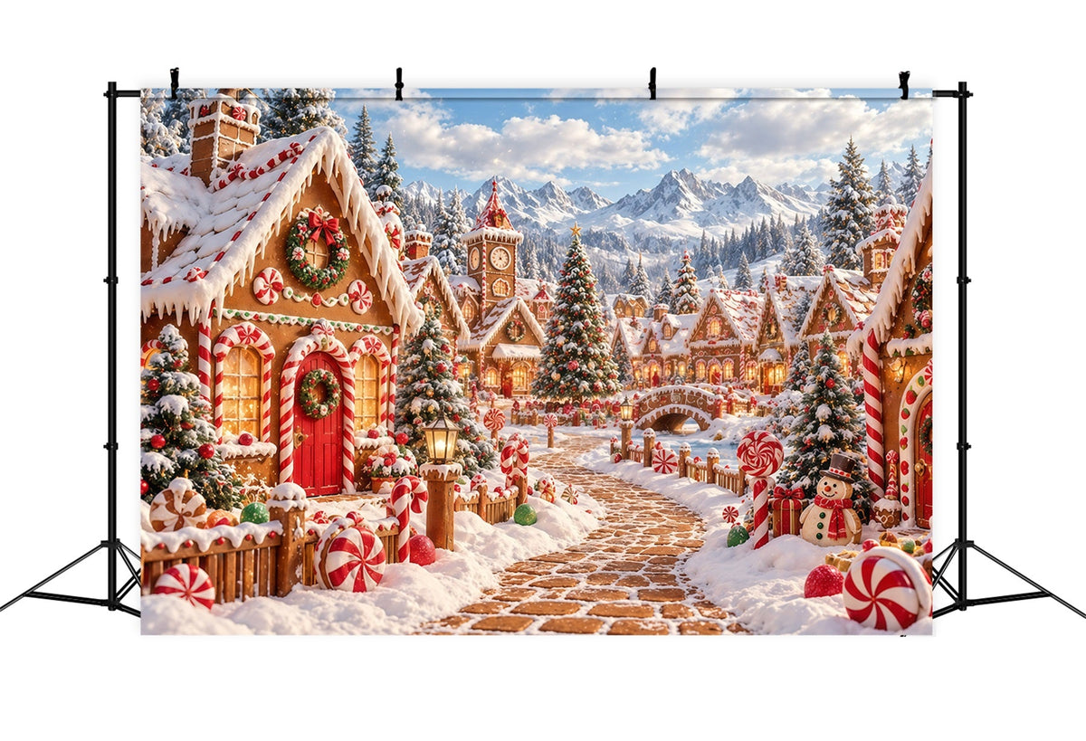 Weihnachtlicher Lebkuchen-Hintergrund Verschneites Süßigkeiten-Dorf GQ610-125