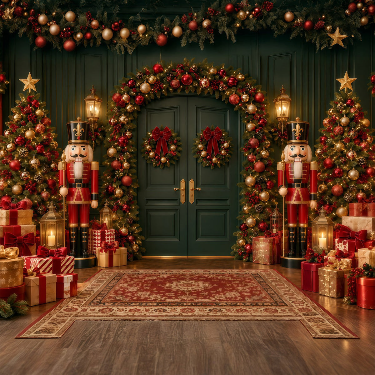 Weihnachtlicher Hintergrund Schleifenkranz Smaragdgrüner Türbogen Nussknacker GQ610-126