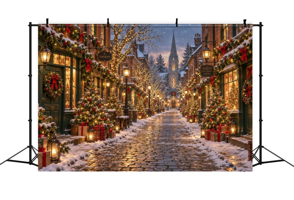 Weihnachtsdorf-Hintergrund Festliche Verschneite Kopfsteinpflasterstraße GQ610-129
