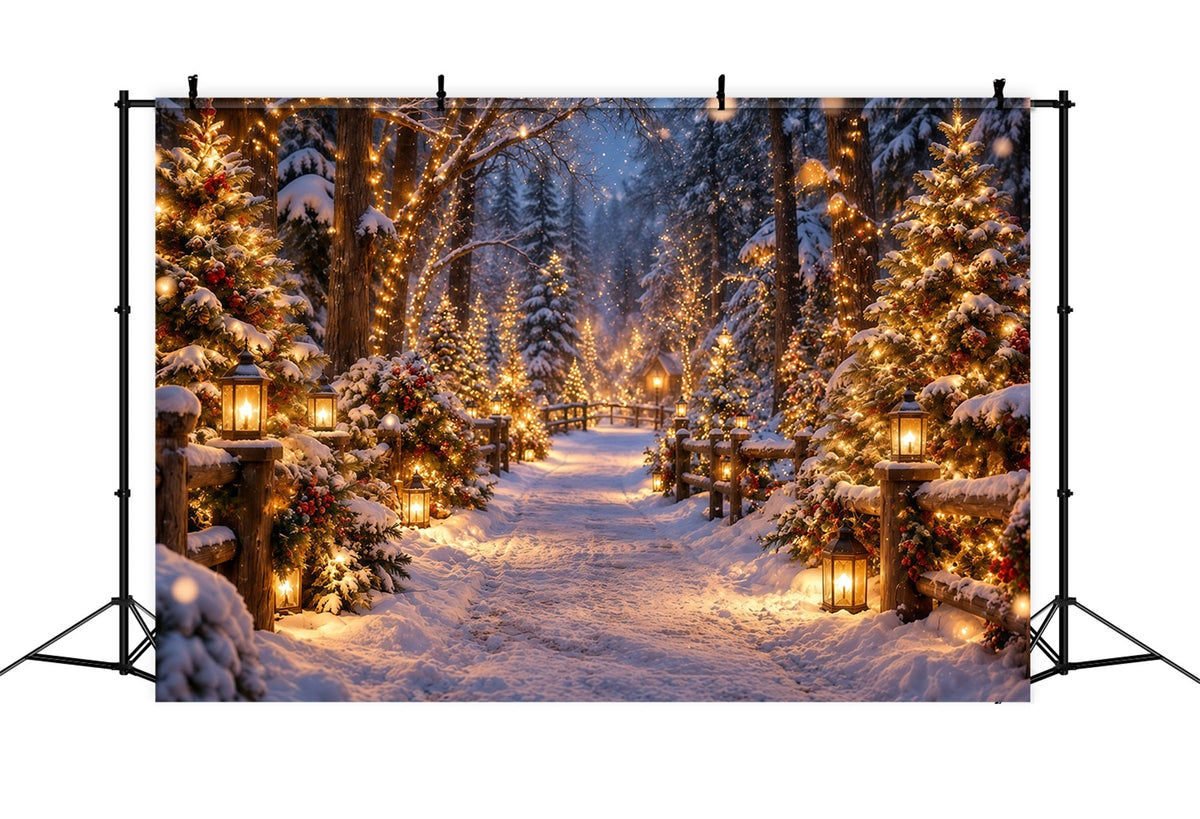 Weihnachtsbaumfarm-Fotohintergrund Leuchtende Laternen Verschneiter Wald GQ610-130