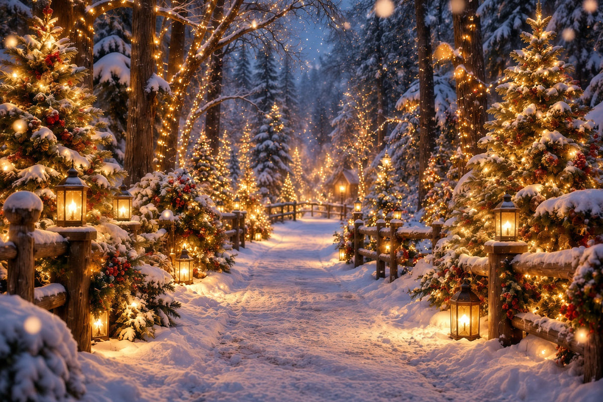 Weihnachtsbaumfarm-Fotohintergrund Leuchtende Laternen Verschneiter Wald GQ610-130
