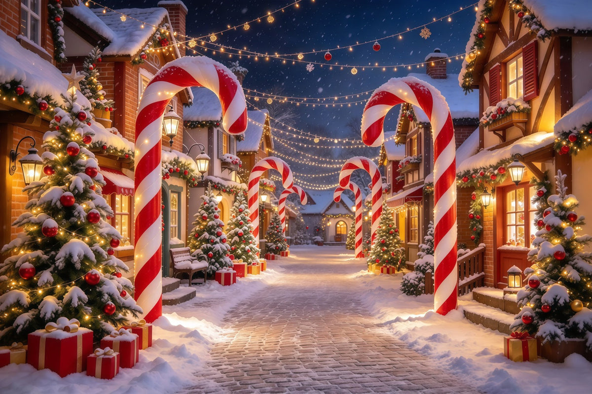 Weihnachtsdorf Hintergrund Verschneite Zuckerstangen Straße GQ610-14