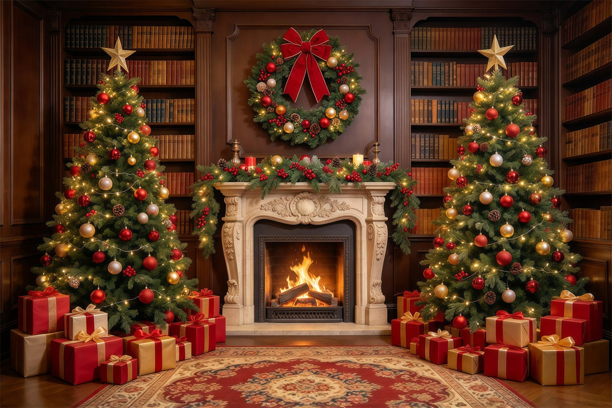Weihnachtlicher Fotohintergrund Verzierte Bibliothek Dekoration Kamin GQ610-21
