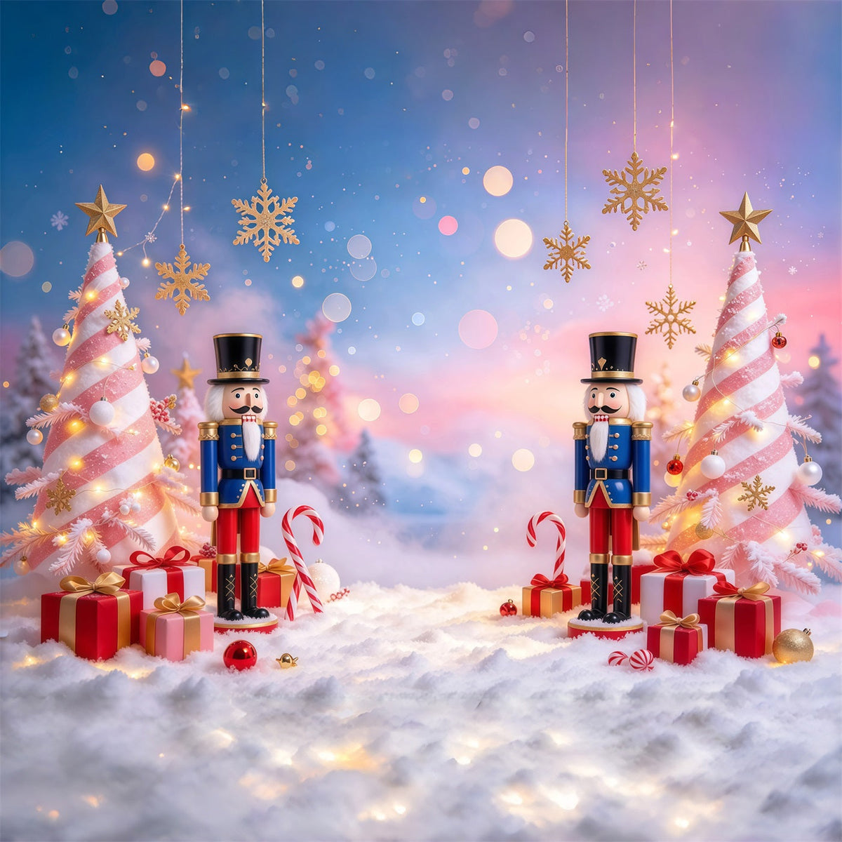 Weihnachtlicher Hintergrund Rosa Weihnachtsbaum Schneeflocken Bokeh Nussknacker GQ610-26