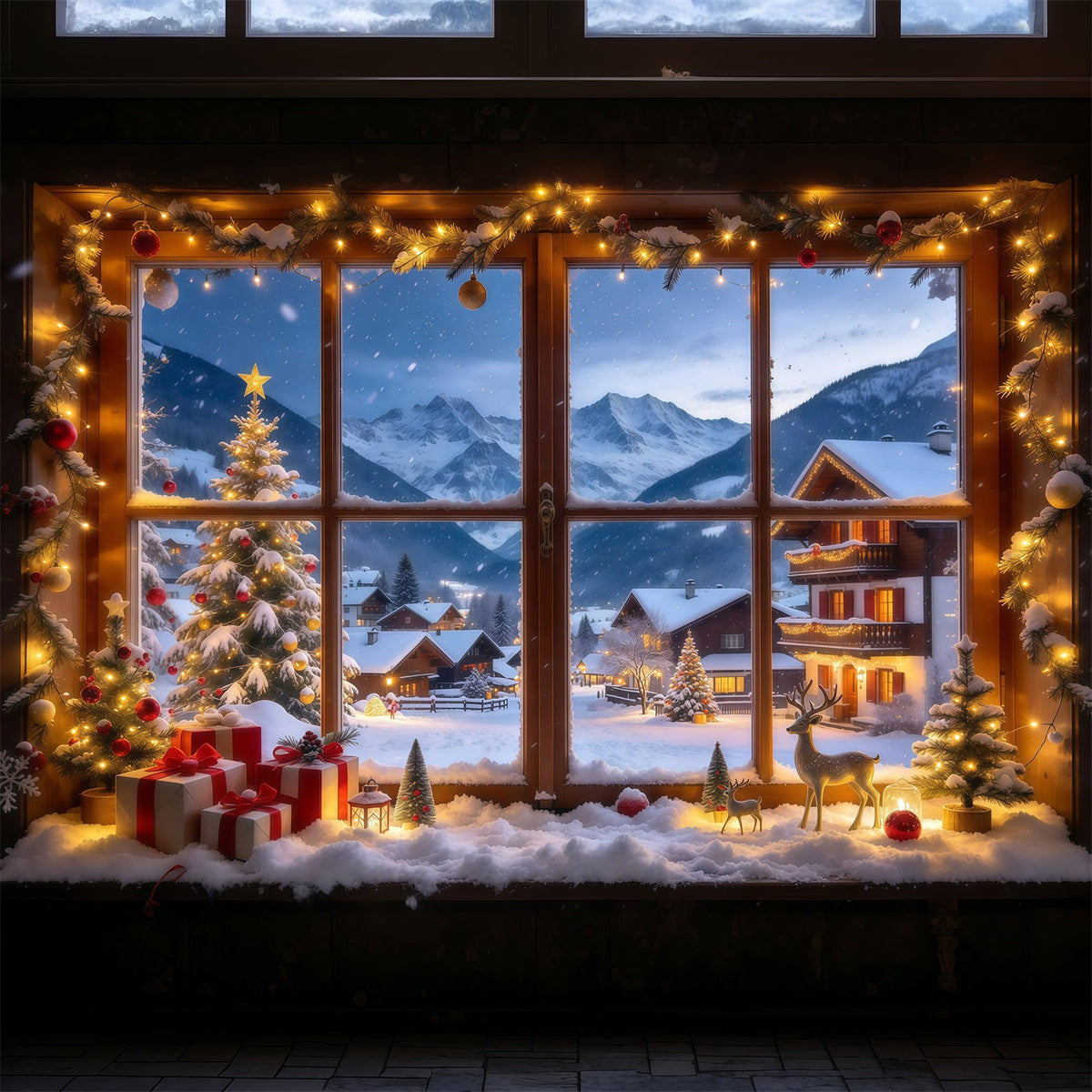 Winterlicher Weihnachtshintergrund Verschneites Alpen Dorf Fenster GQ610-27
