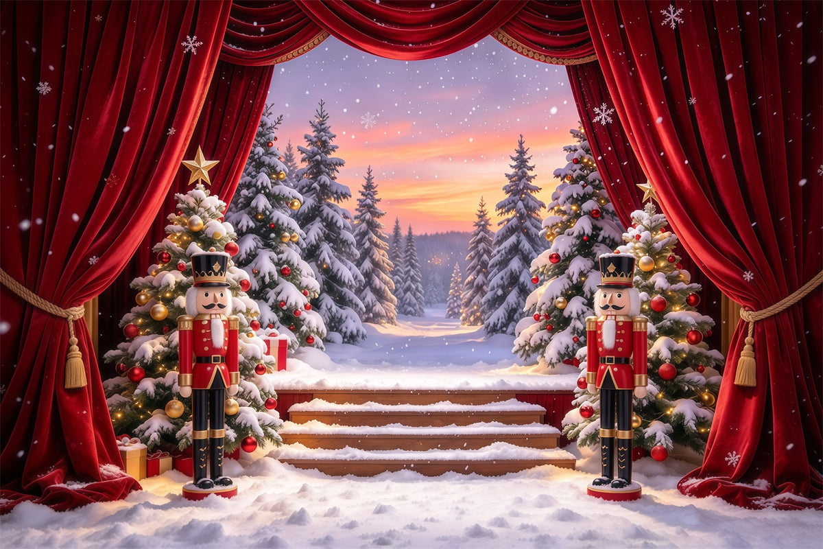 Weihnachtlicher Themenhintergrund Verschneiter Wald Bühnenvorhang Nussknacker GQ610-29
