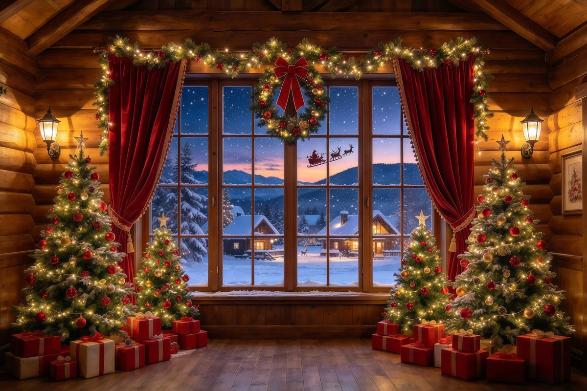 Santa Hintergrund Rustikale Hütte Schlitten Fenster GQ610-3
