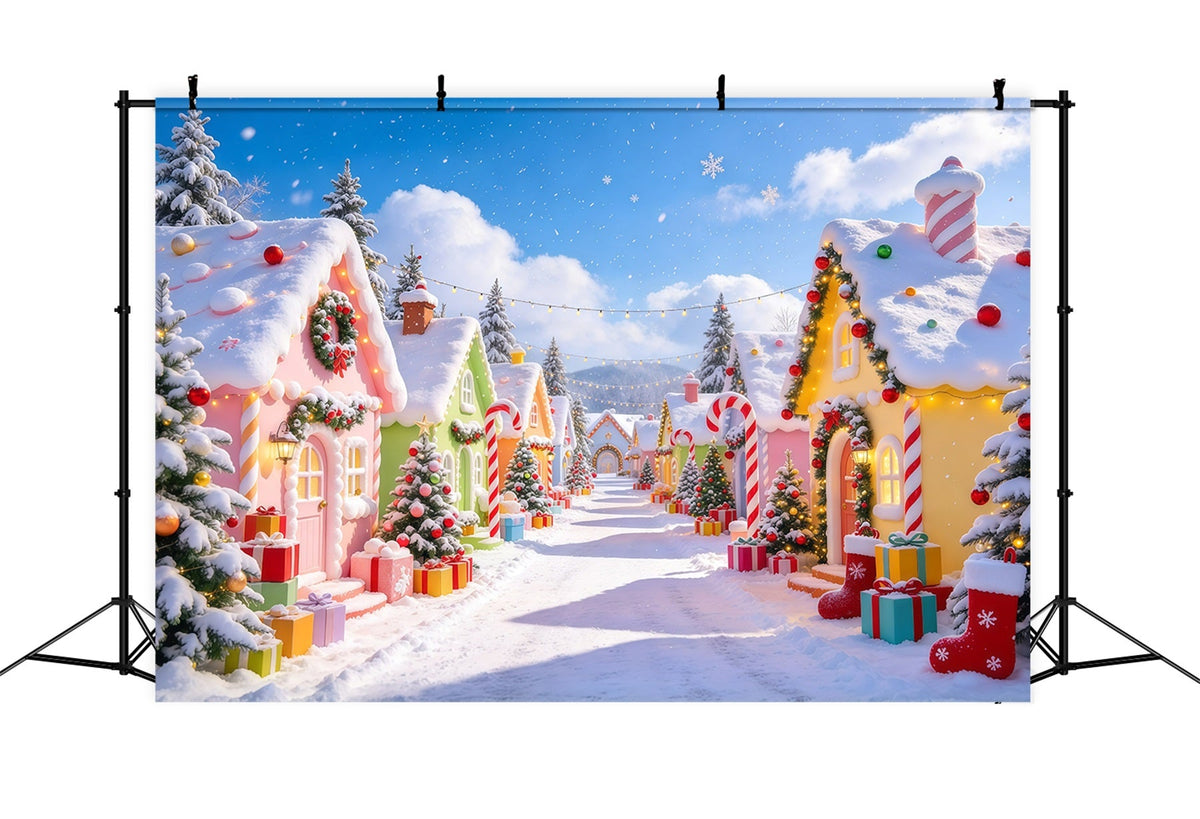 Weihnachtsdorf Hintergrund Pastellfarbenes Süßigkeitenhäuschen Schnee GQ610-31
