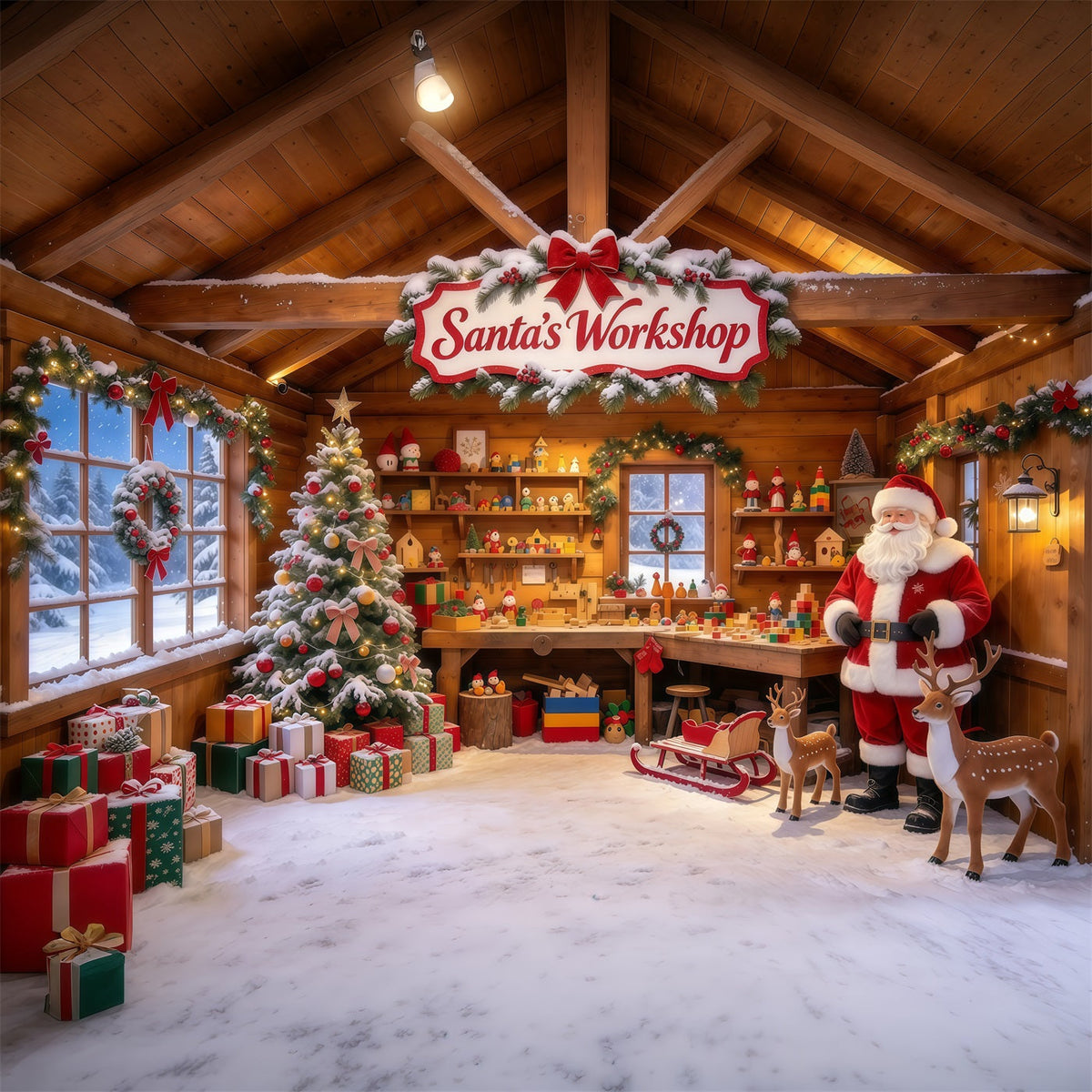 Weihnachtlicher Werkstatthintergrund Rustikale Spielzeugmacherhütte Innenraum GQ610-39