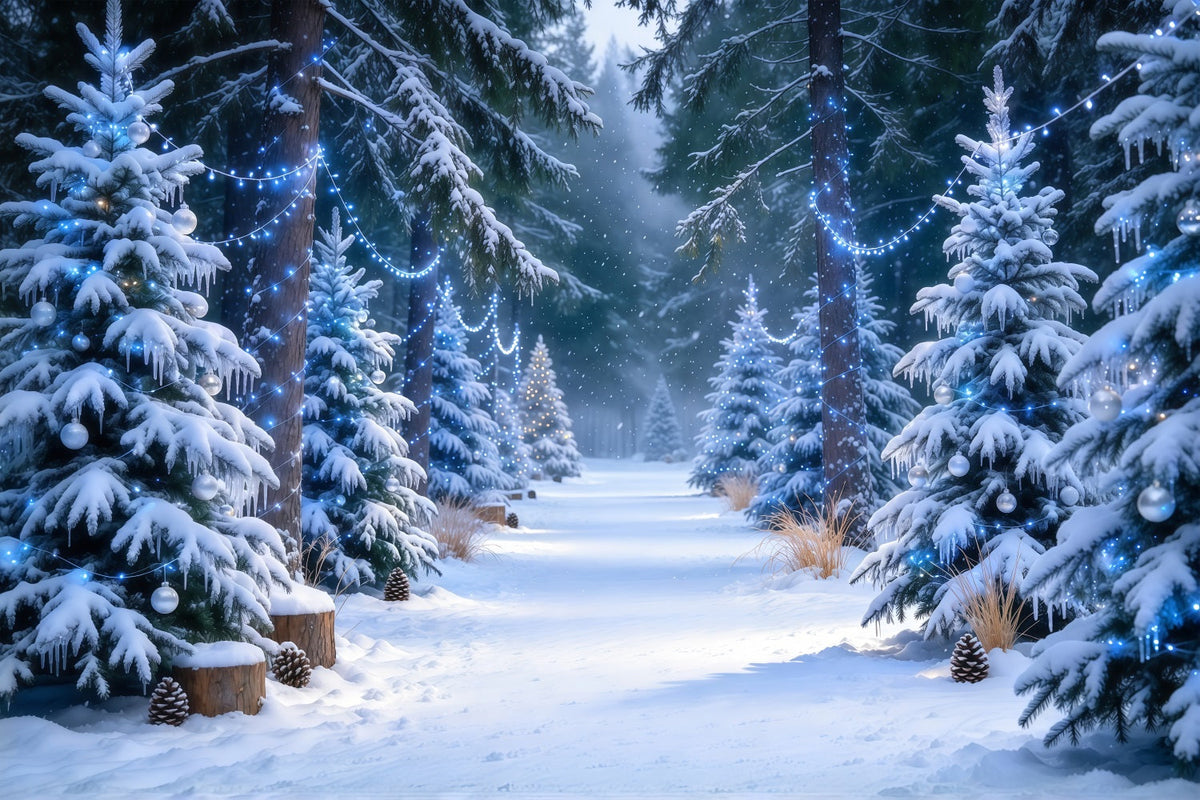 Weihnachtsbaumfarm Hintergrund Blau Leuchtender Verschneiter Kiefernwald GQ610-46