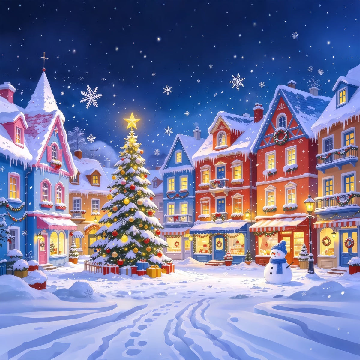 Weihnachtsstadt Hintergrund Bunter Verschneiter Dorfplatz GQ610-47