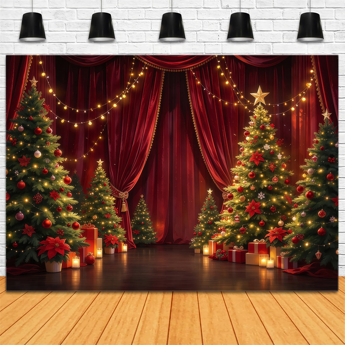 Weihnachtlicher Bühnenhintergrund Karmesinroter Vorhang Immergrüne Dekoration GQ610-49
