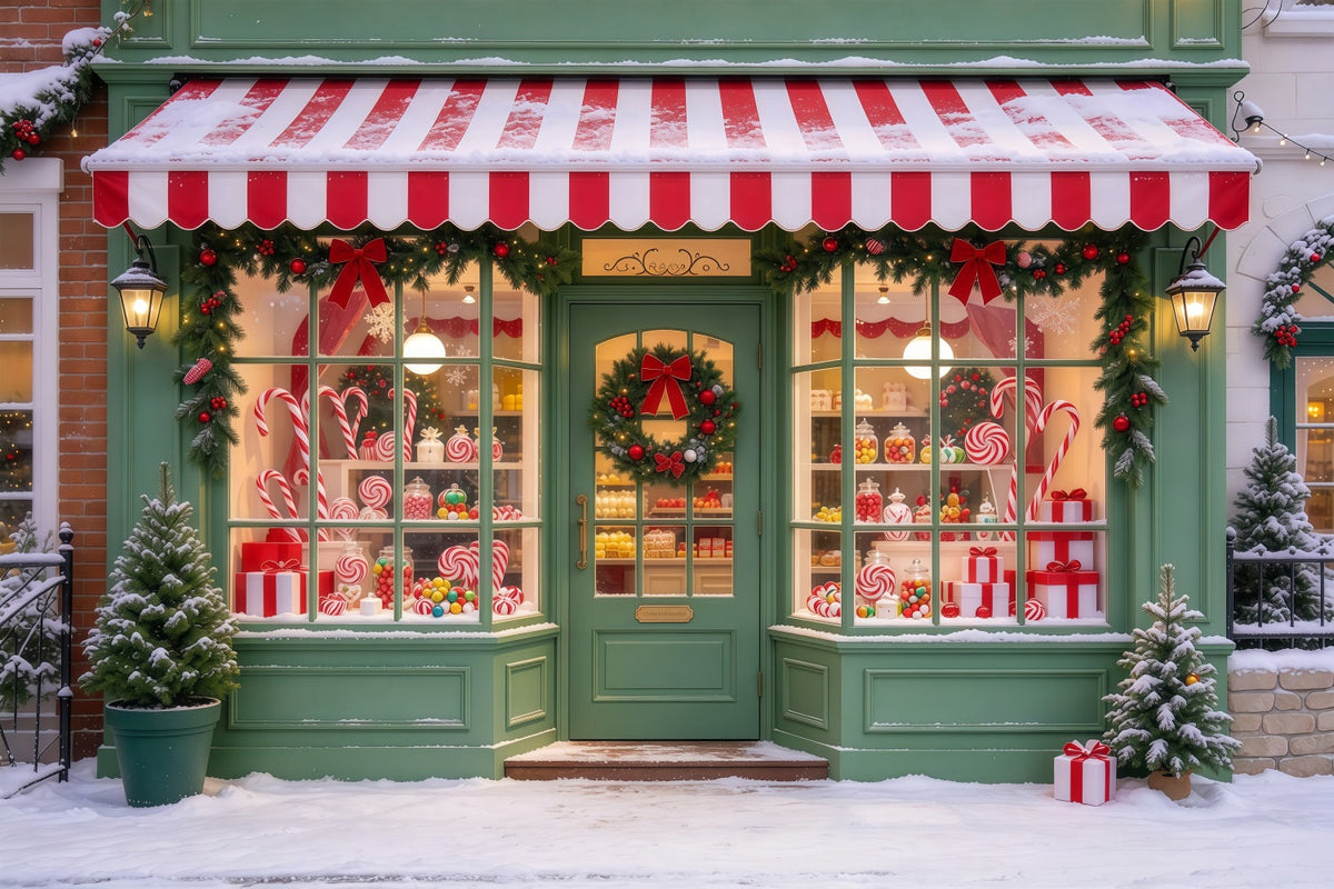 Weihnachtlicher Zuckerstangen Hintergrund Verschneite Grüne Süßwarenladen Fassade GQ610-50