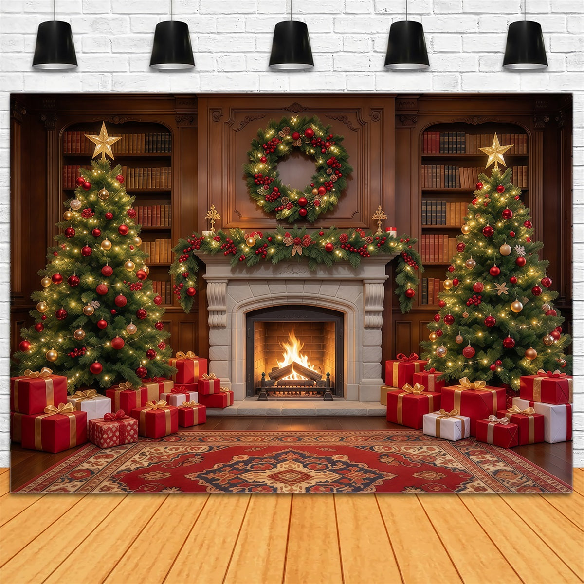 Weihnachtlicher Fotohintergrund Zwei Weihnachtsbäume Festlicher Kamin GQ610-51