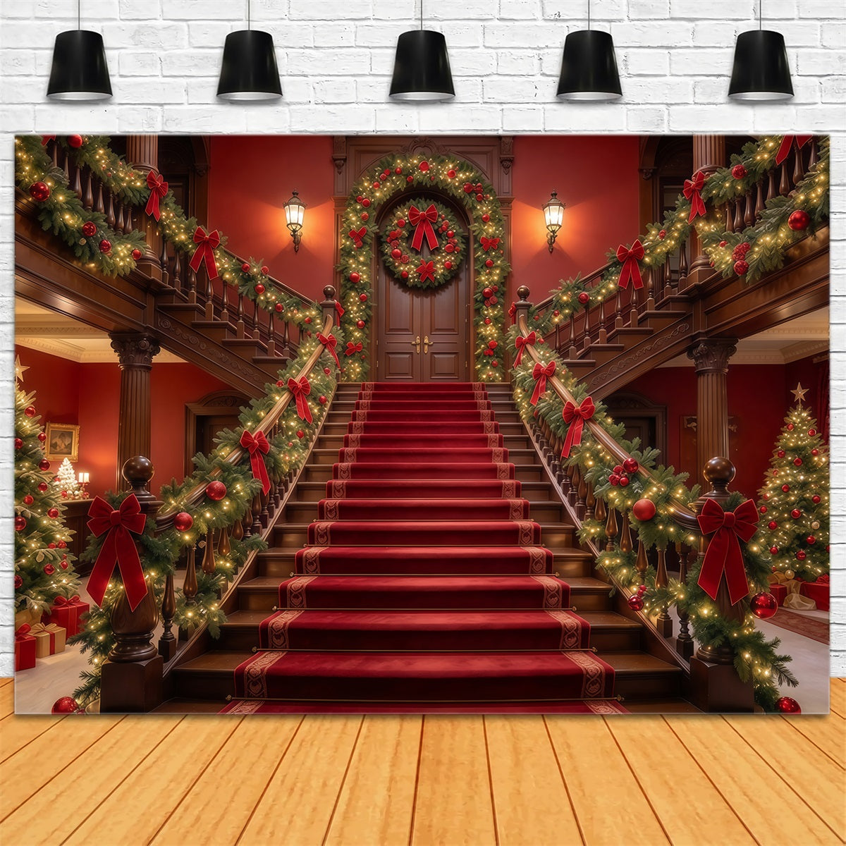 Weihnachtlicher Szenenhintergrund Girlandengeschmückte Treppe Roter Teppich GQ610-55