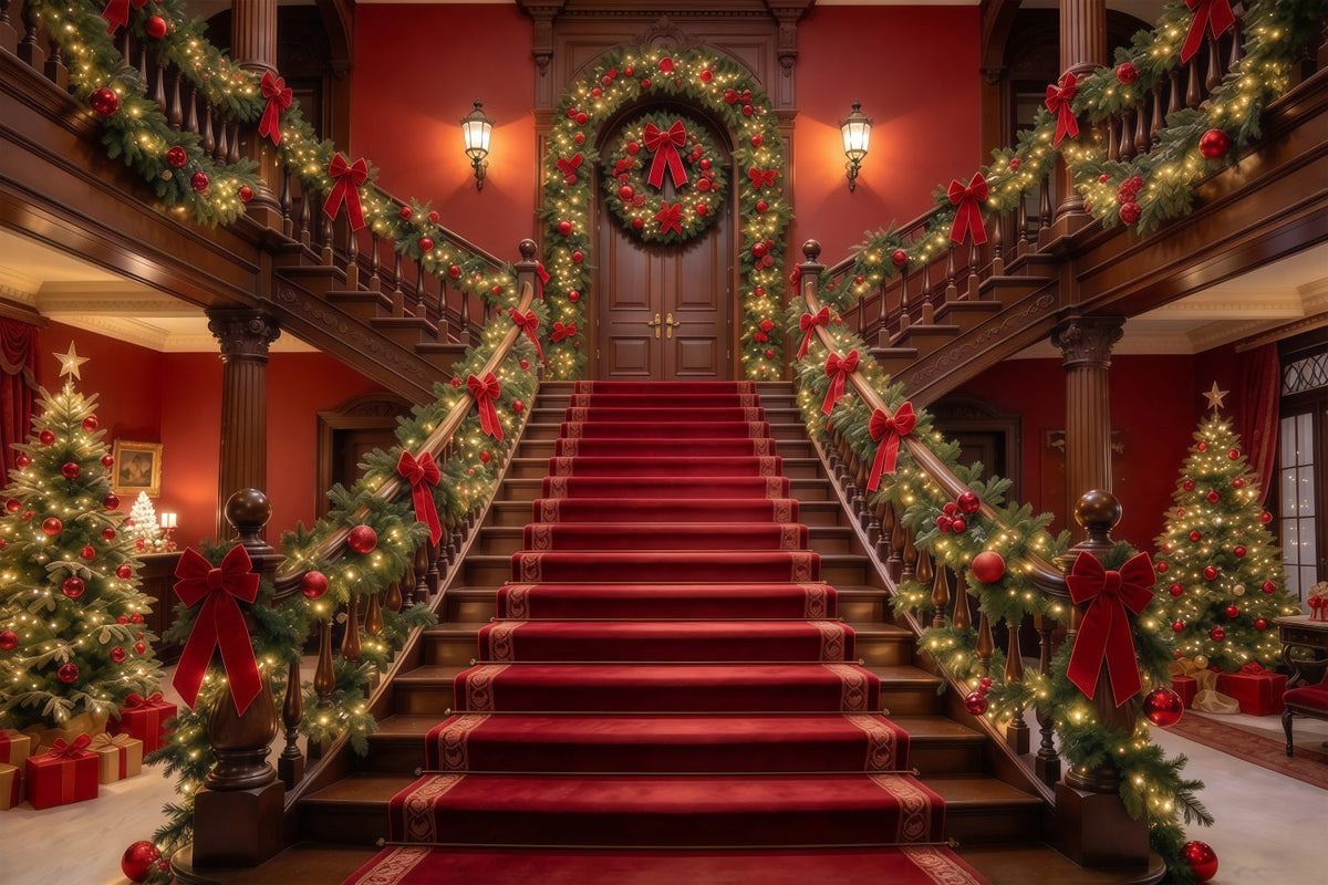 Weihnachtlicher Szenenhintergrund Girlandengeschmückte Treppe Roter Teppich GQ610-55
