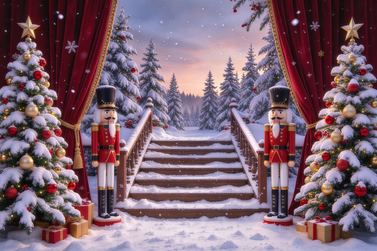 Weihnachtlicher Themenhintergrund Verschneiter Waldeingang Nussknacker Bühne GQ610-59