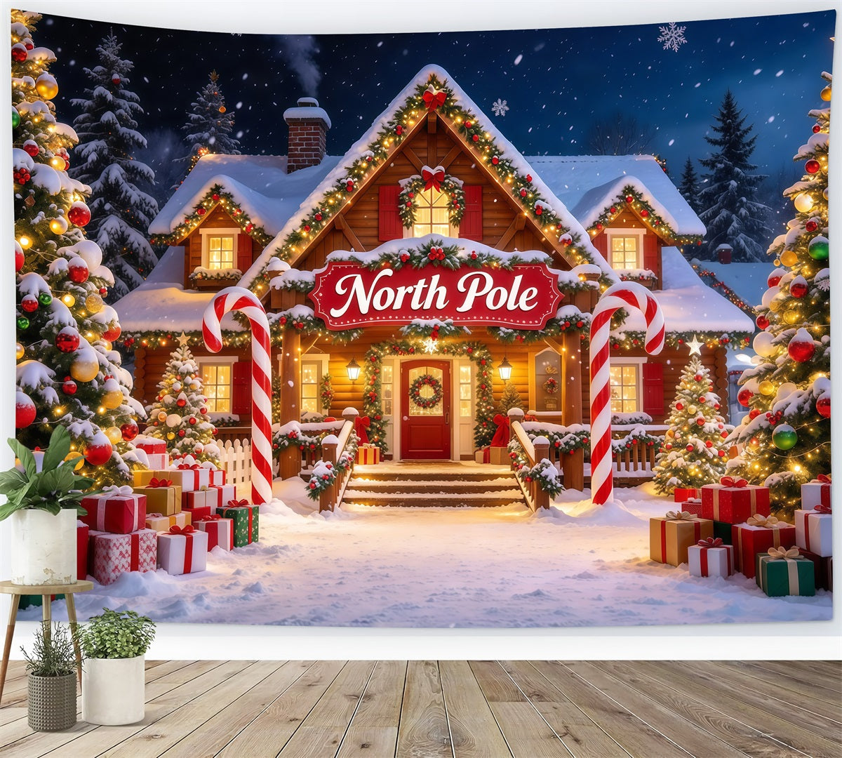 Nordpol Fotohintergrund Verschneite Hütte Zuckerstangenbogen GQ610-6