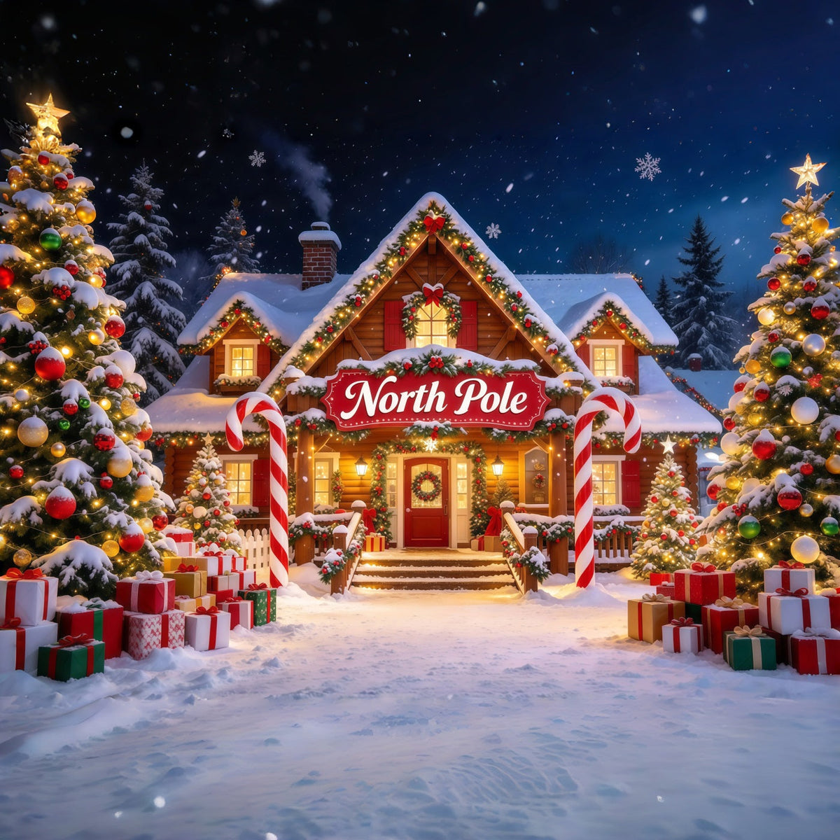 Nordpol Fotohintergrund Verschneite Hütte Zuckerstangenbogen GQ610-6