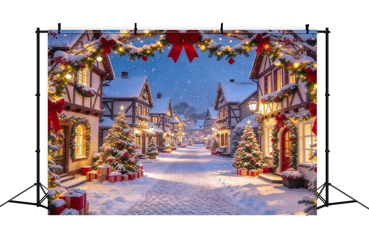 Weihnachtsdorf-Hintergrund Rote Schleife Verschneiter Torbogen GQ610-64