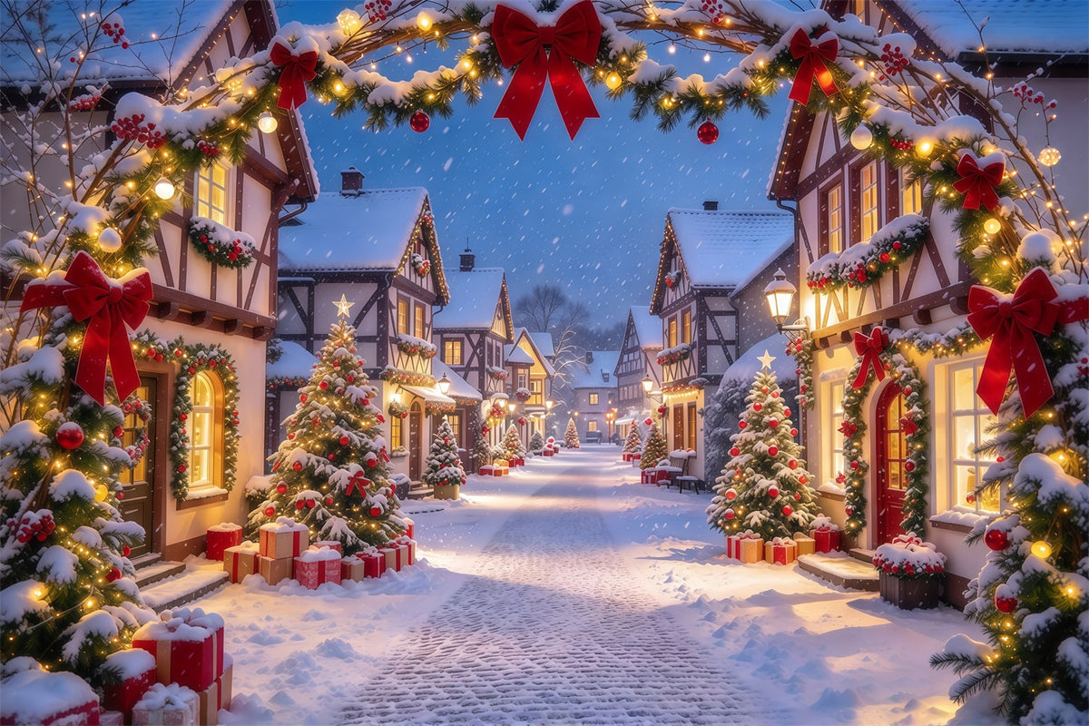Weihnachtsdorf-Hintergrund Rote Schleife Verschneiter Torbogen GQ610-64