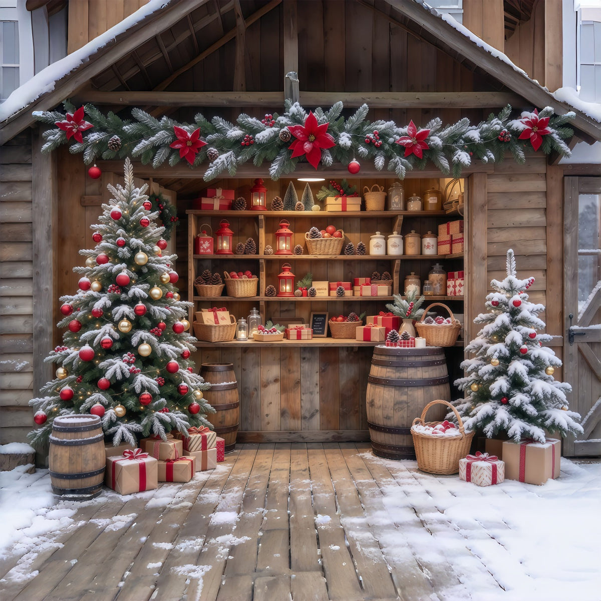 Weihnachtsladen-Hintergrund Verschneiter Rustikaler Geschenkeladen GQ610-65