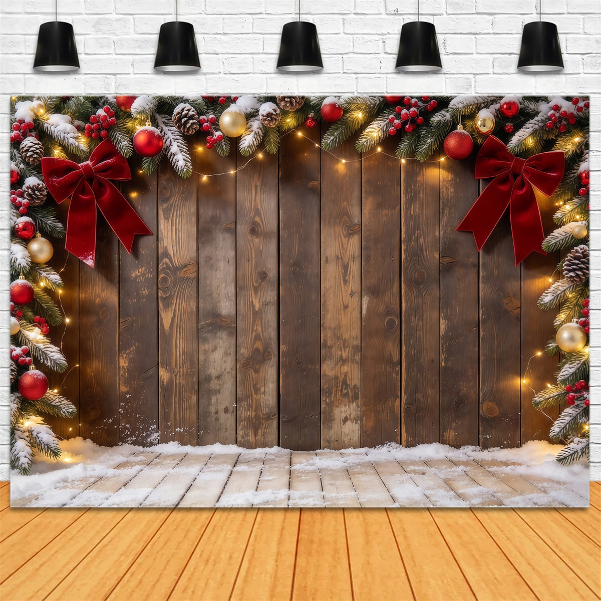 Weihnachtlicher Hintergrund Rustikaler Holzrahmen Schleife Weihnachtskugel GQ610-66