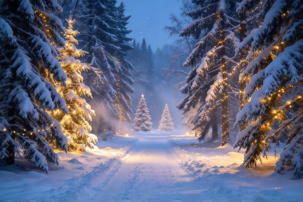 Weihnachtswald-Hintergrund Leuchtender Verschneiter Immergrüner Waldweg GQ610-67