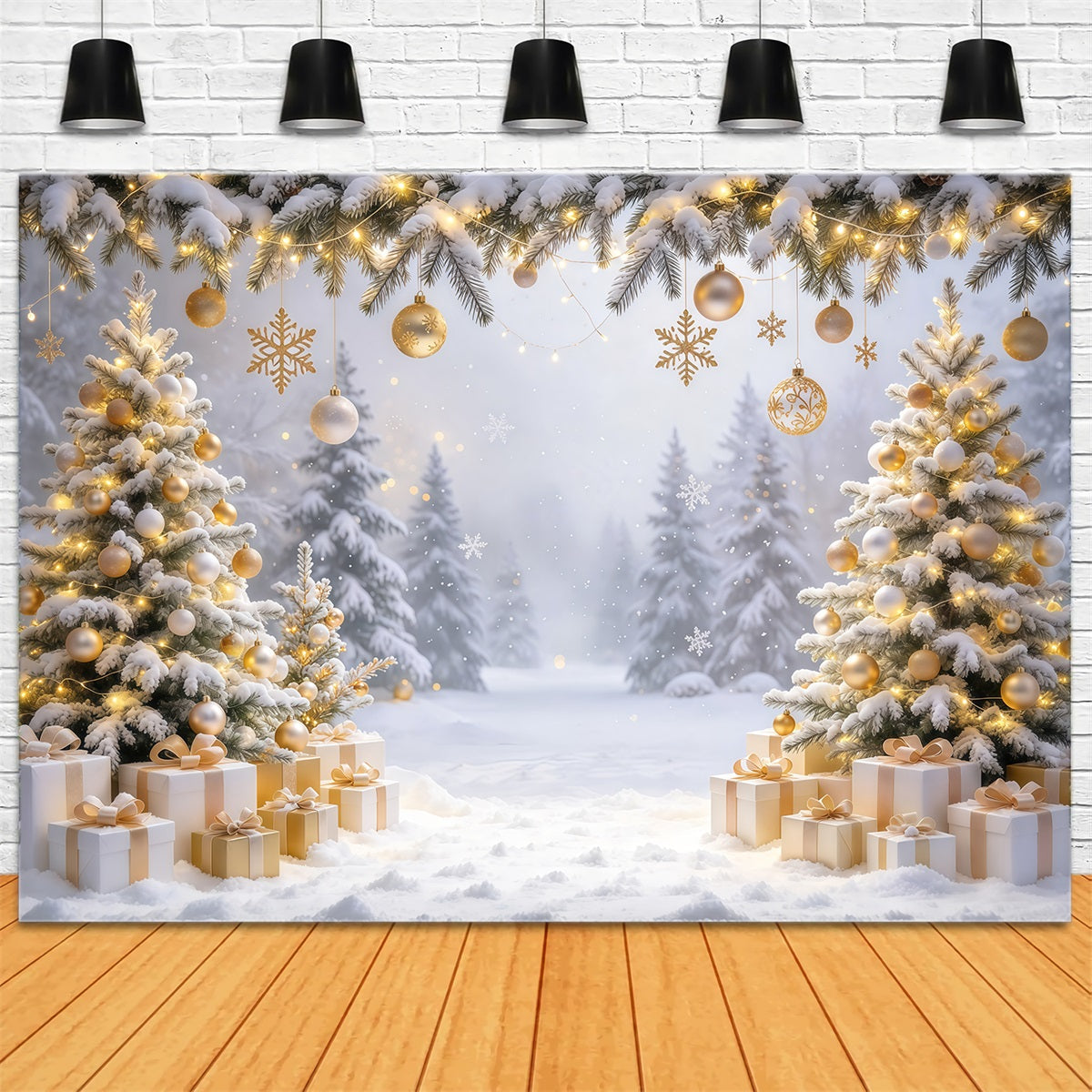 Weihnachtlicher Fotohintergrund Goldene Kugeln Verschneiter Wald GQ610-71