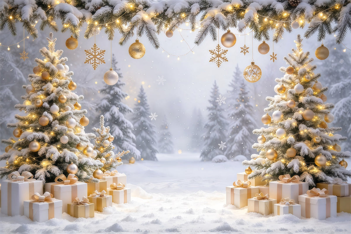 Weihnachtlicher Fotohintergrund Goldene Kugeln Verschneiter Wald GQ610-71