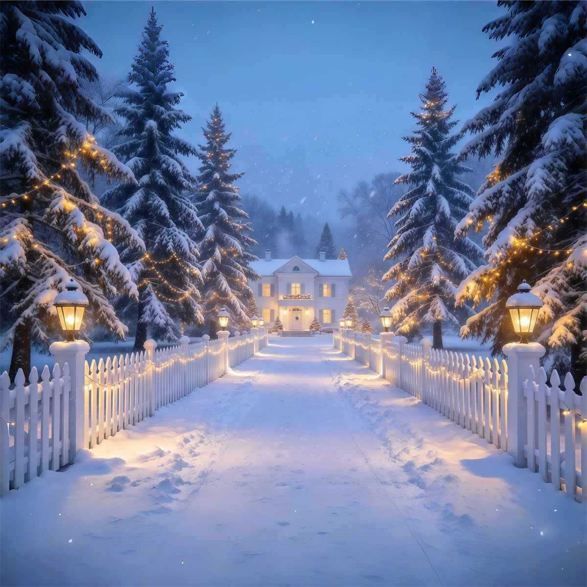 Weihnachtslichter-Fotohintergrund Verschneiter Laternenweg Mit Lattenzaun GQ610-72