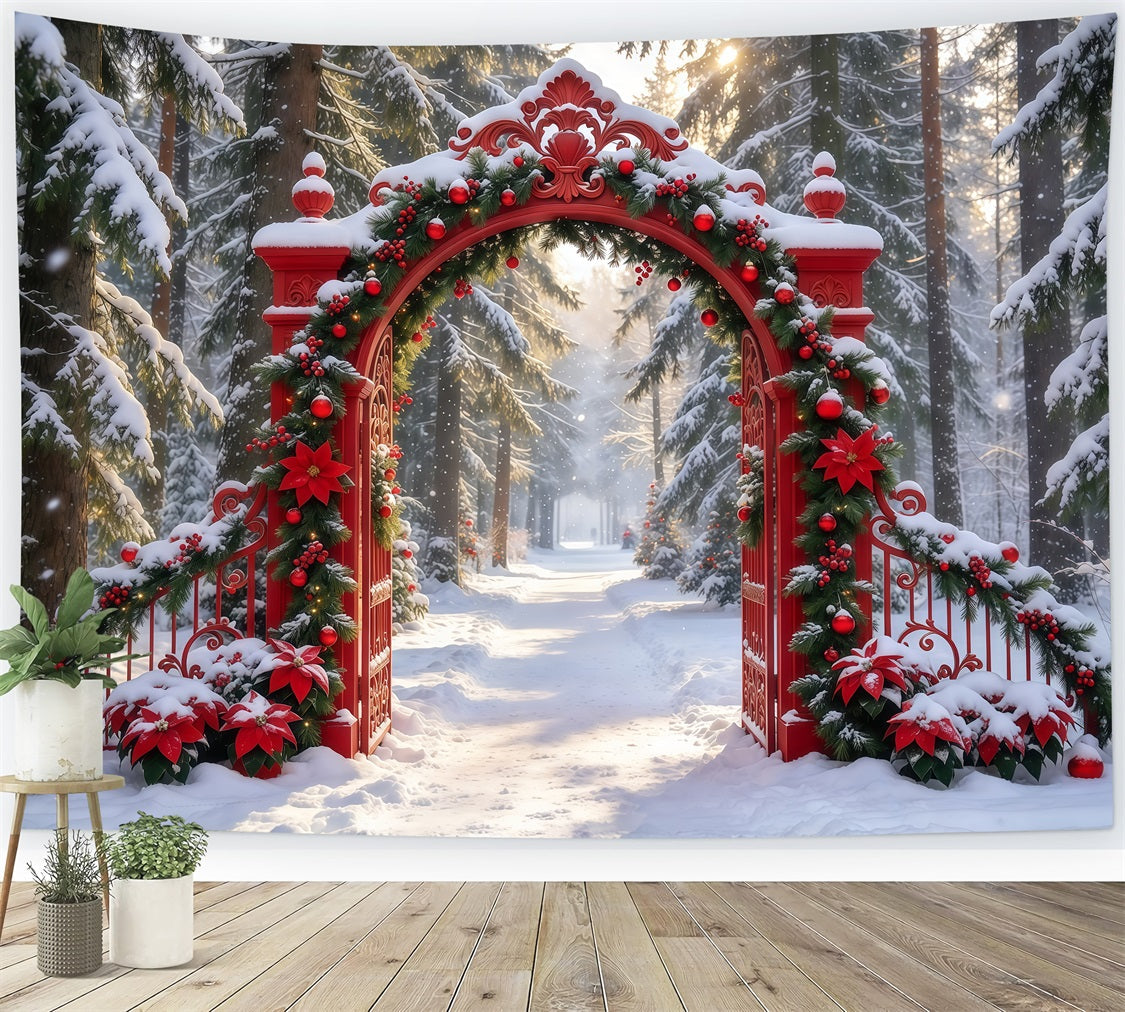 Verschneiter Weihnachtshintergrund Verzierte Rote Girlanden-Toreinfahrt GQ610-87