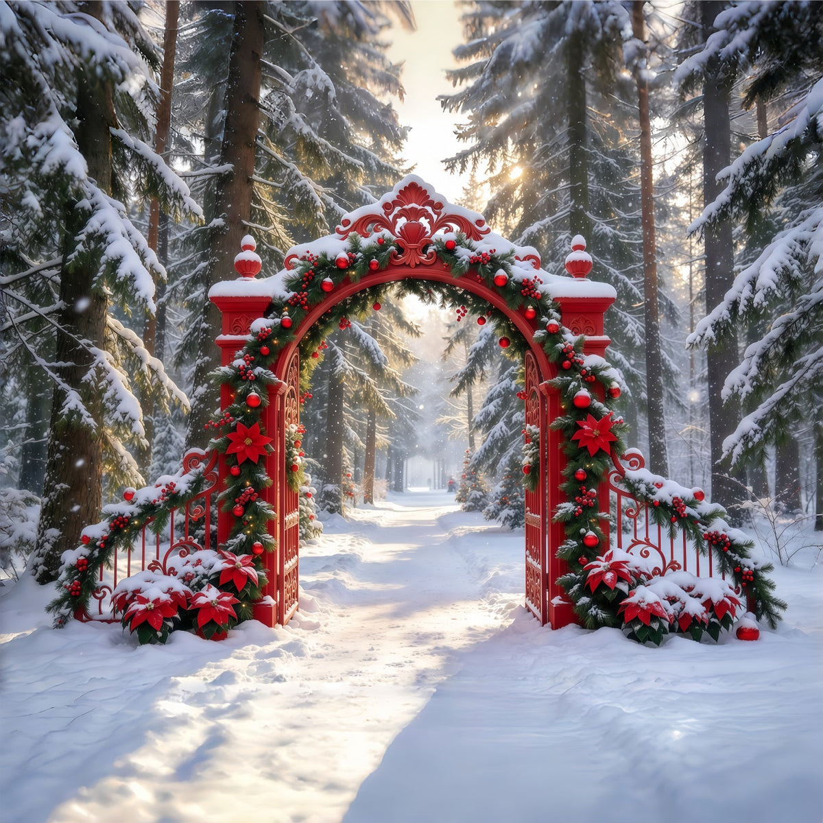 Verschneiter Weihnachtshintergrund Verzierte Rote Girlanden-Toreinfahrt GQ610-87