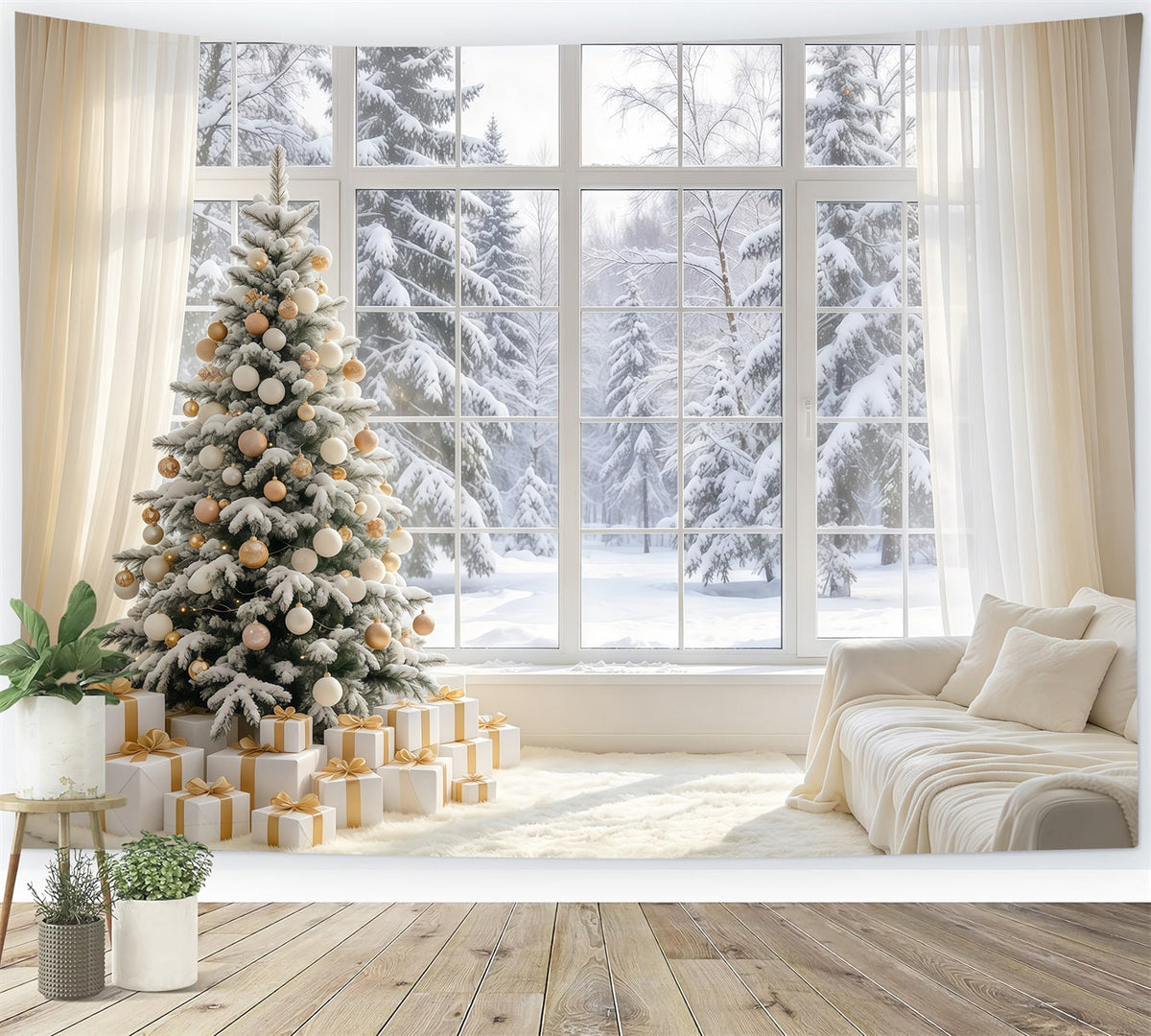 Weißer Weihnachtshintergrund Elfenbein-Goldenes Fenster Winteridylle GQ610-88
