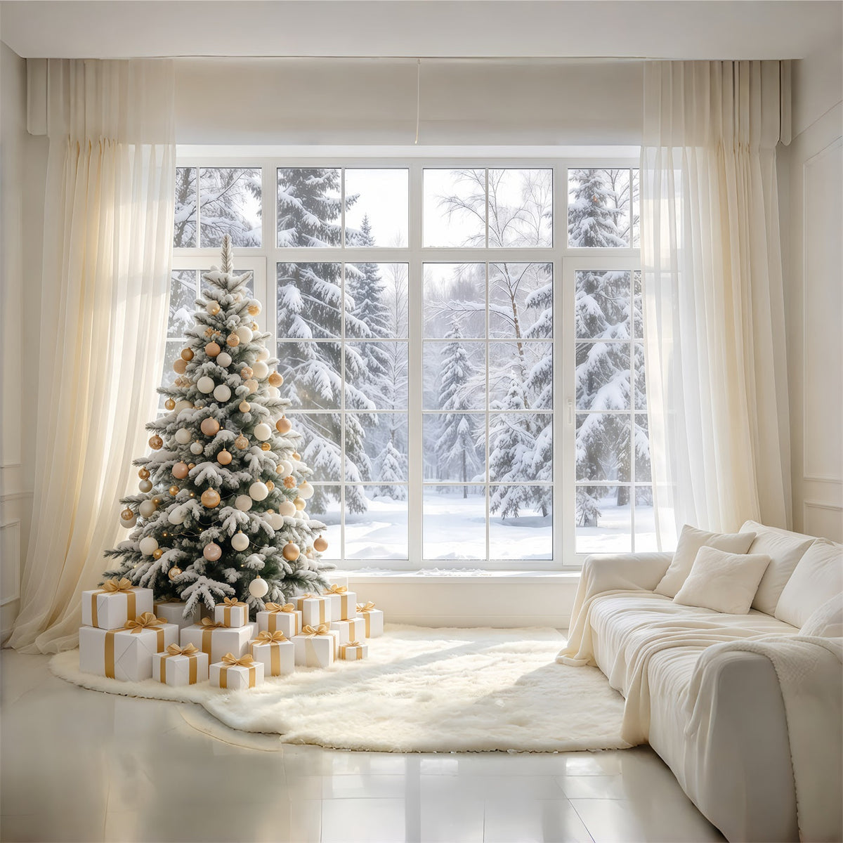 Weißer Weihnachtshintergrund Elfenbein-Goldenes Fenster Winteridylle GQ610-88