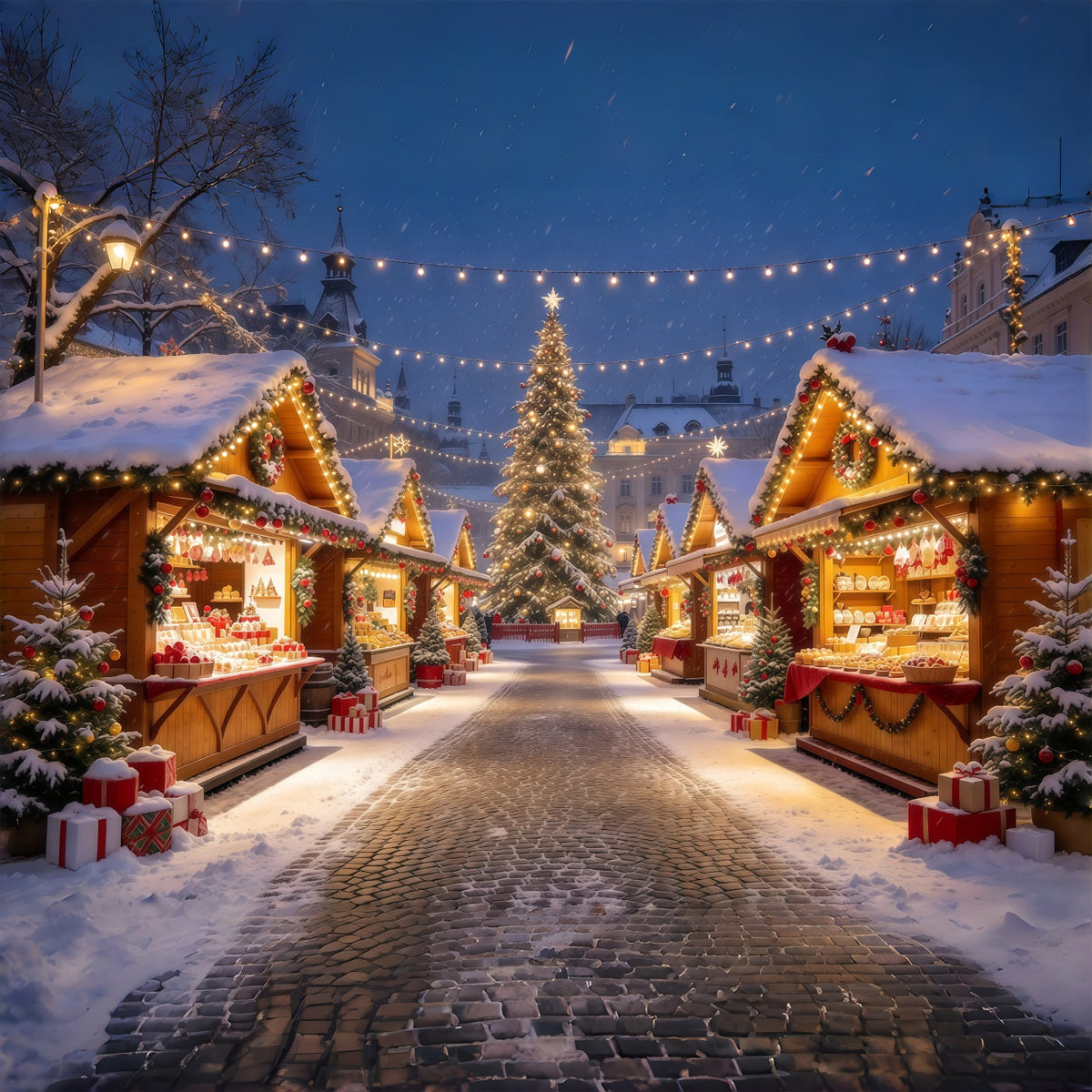 Weihnachtsstadt-Hintergrund Beleuchtete Alpine Marktstände GQ610-95