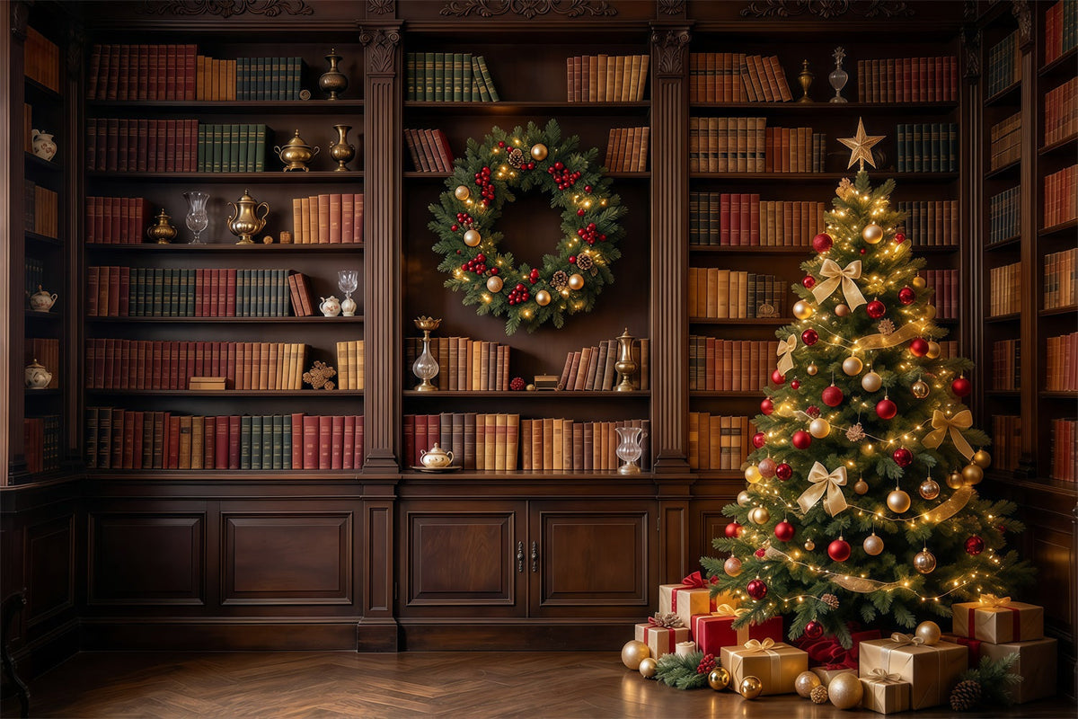 Viktorianischer Weihnachtshintergrund Klassische Bibliothek Weihnachtsbaum-Auslage GQ610-98
