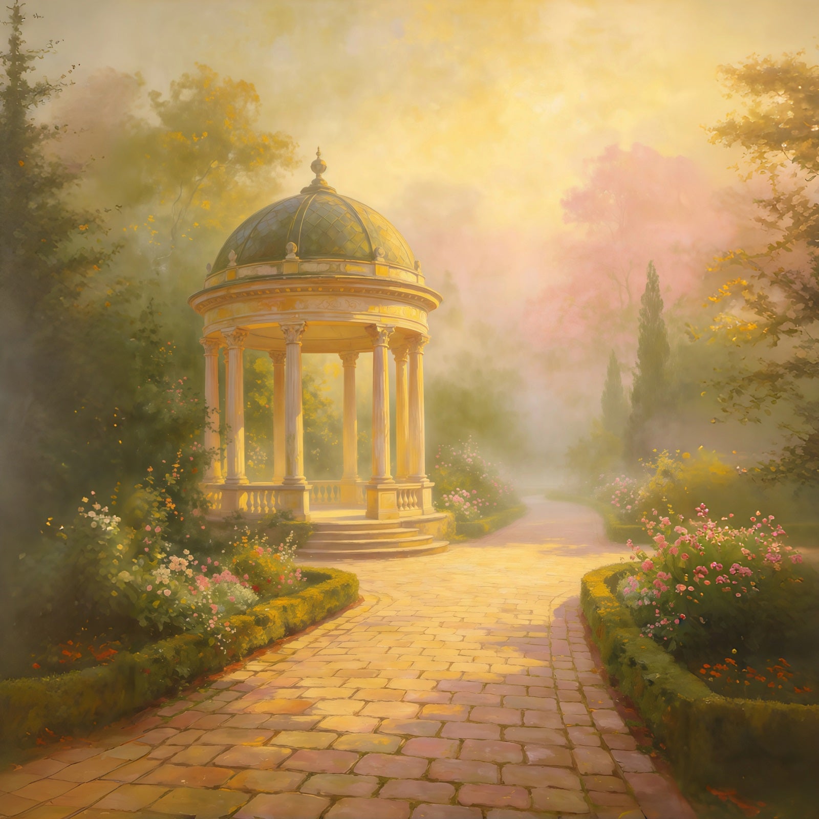 Hintergrund für Porträtfotografie: Goldener Nebel, Gartenpavillon, Weg, abstrakter Hintergrund GQ64-34
