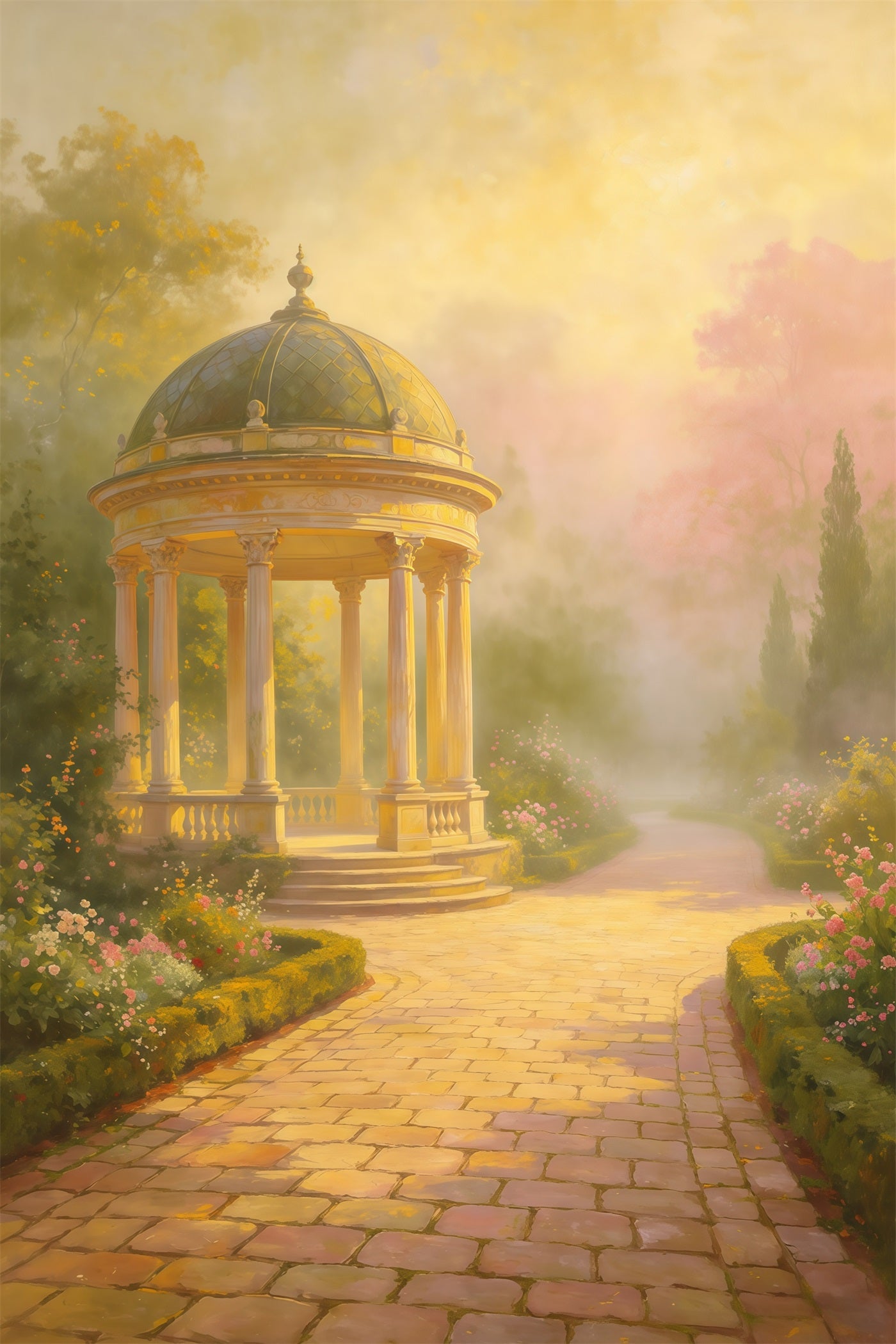 Hintergrund für Porträtfotografie: Goldener Nebel, Gartenpavillon, Weg, abstrakter Hintergrund GQ64-34