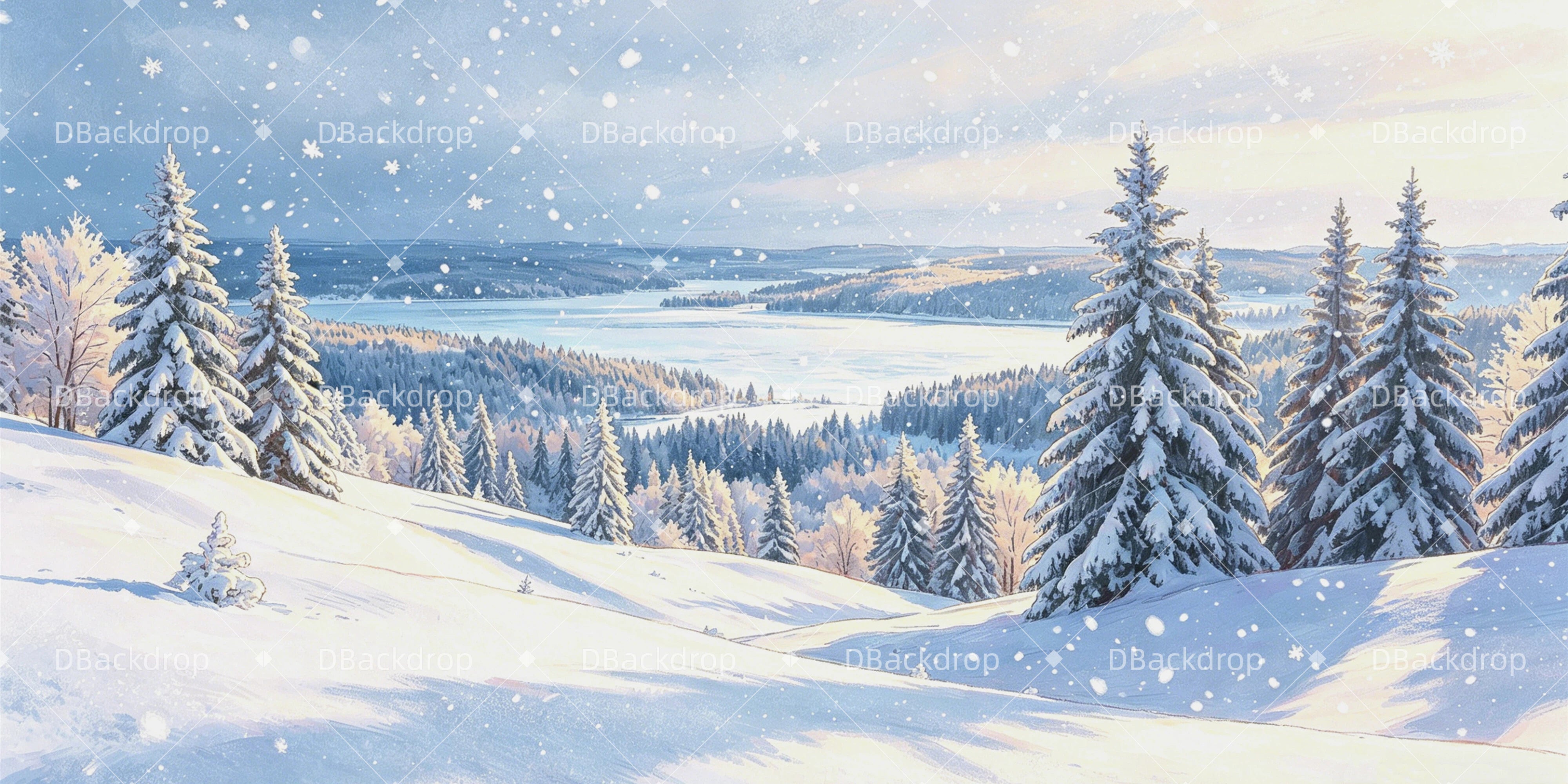 Winter Kulisse Verschneites Tal mit Kiefernwald VBS Hintergrund GQ64-T19