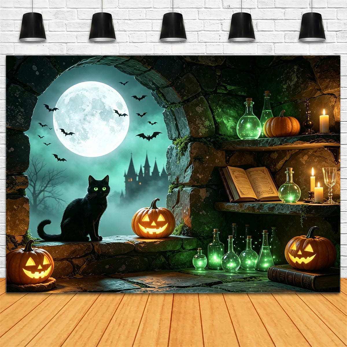 Hexenhöhle-Hintergrund Mondlichtkatze Zaubertranknische Holzfäller-Fotohintergrund GQ67-101