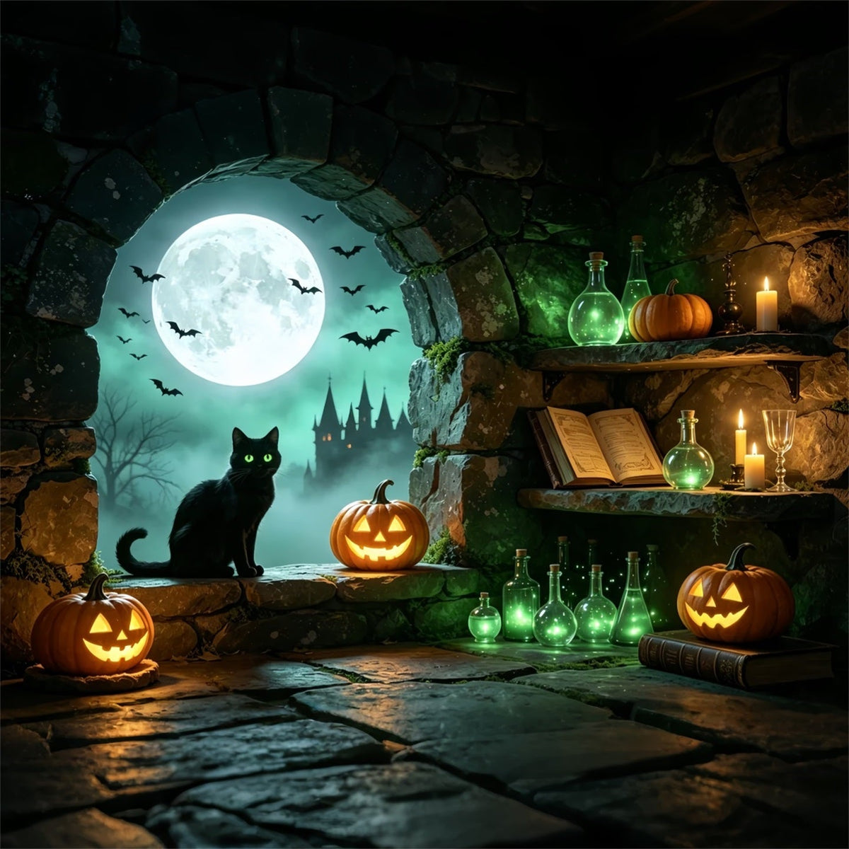 Hexenhöhle-Hintergrund Mondlichtkatze Zaubertranknische Holzfäller-Fotohintergrund GQ67-101