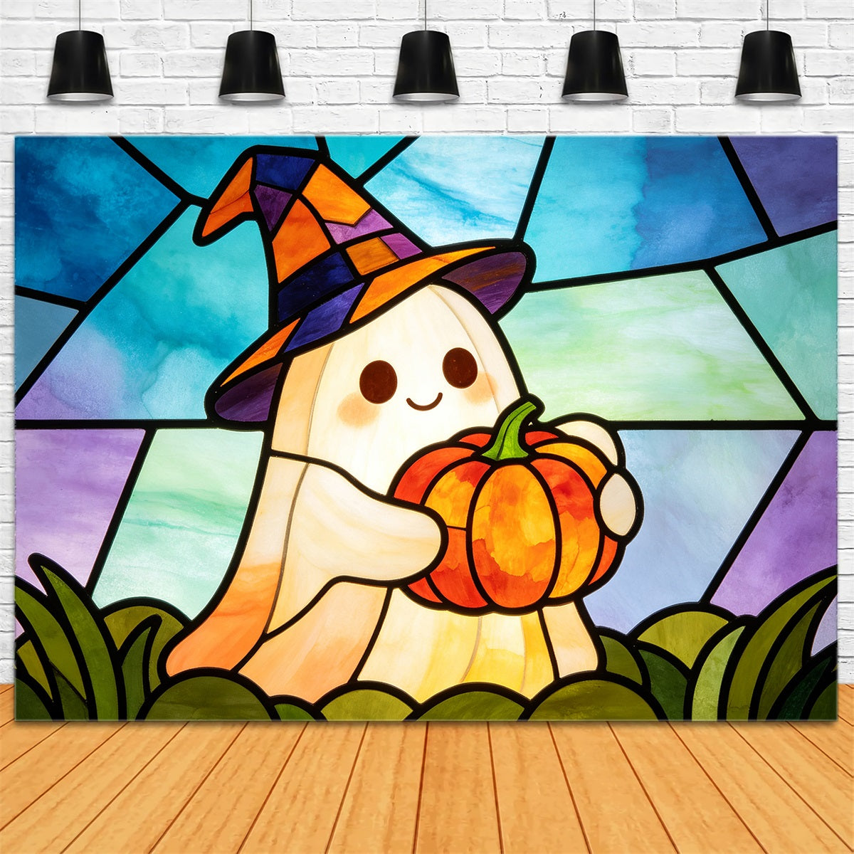 Buntglas-Hintergrund Wandteppich Geist Süße Hexe Kürbis Halloween-Selfie-Hintergrund GQ67-112