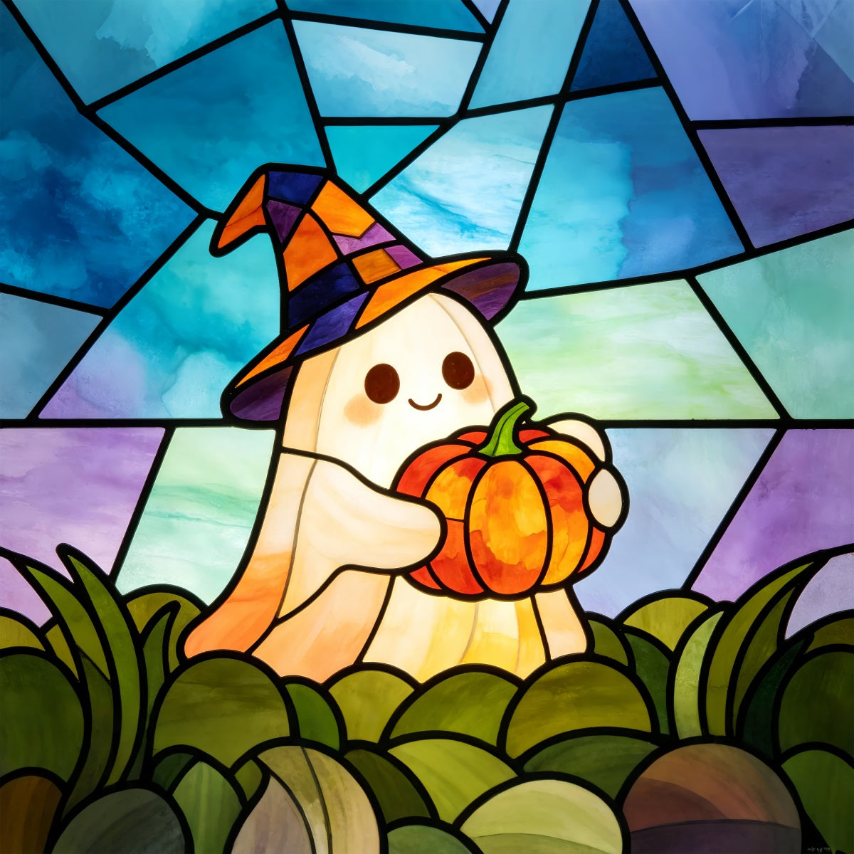 Buntglas-Hintergrund Wandteppich Geist Süße Hexe Kürbis Halloween-Selfie-Hintergrund GQ67-112