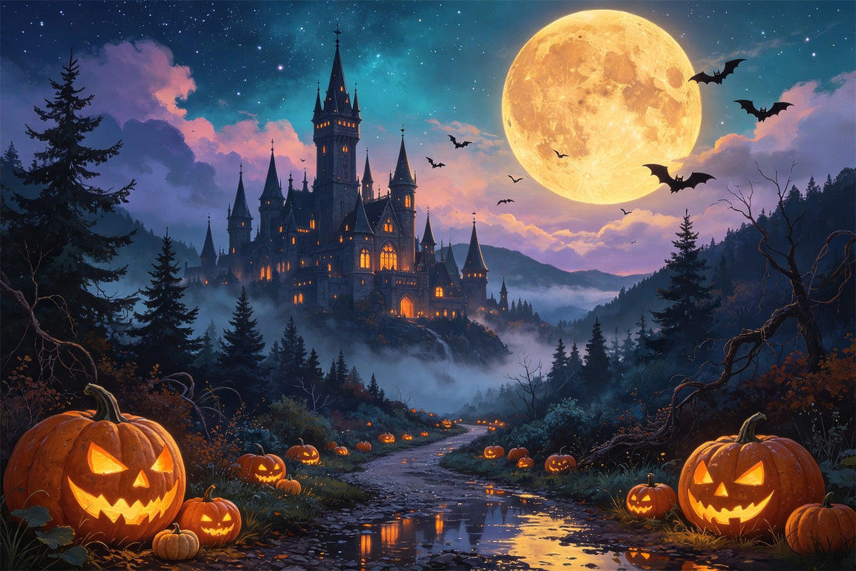 Halloween-Kürbis-Kulisse Mondbeschienene Kürbisburg Tal Mit Geistermotiven GQ67-79