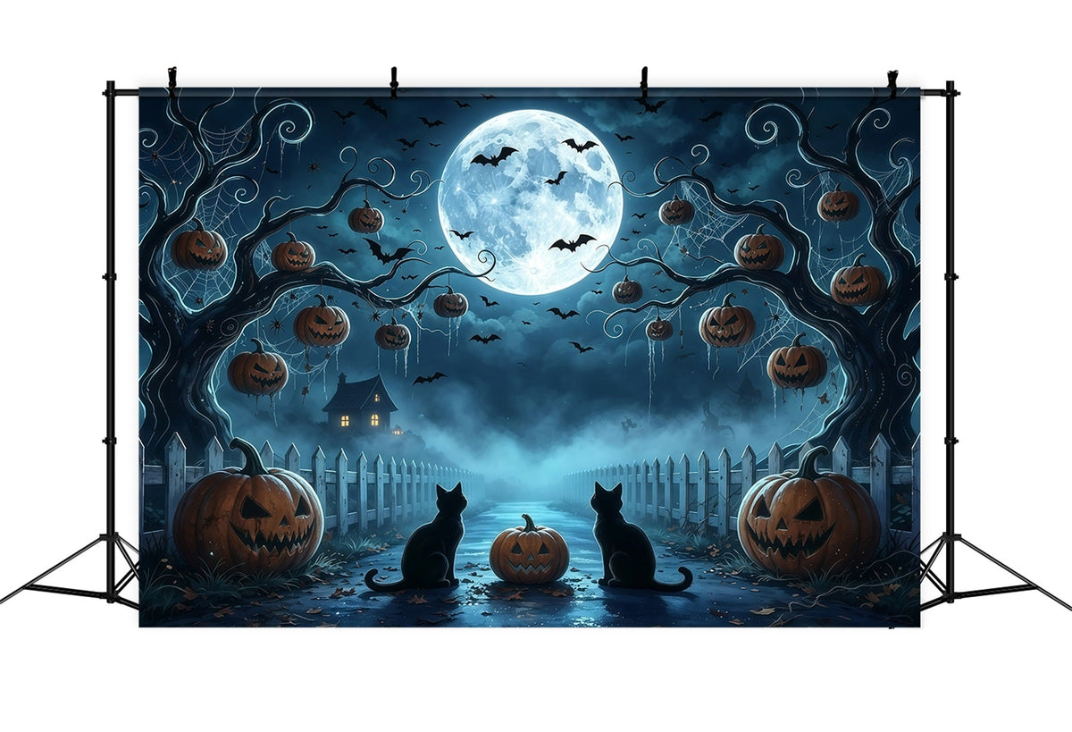 Gruselige Baumkulisse Mondbeschienene Katze Kürbisweg 10X10 Halloween-Kulisse GQ67-91
