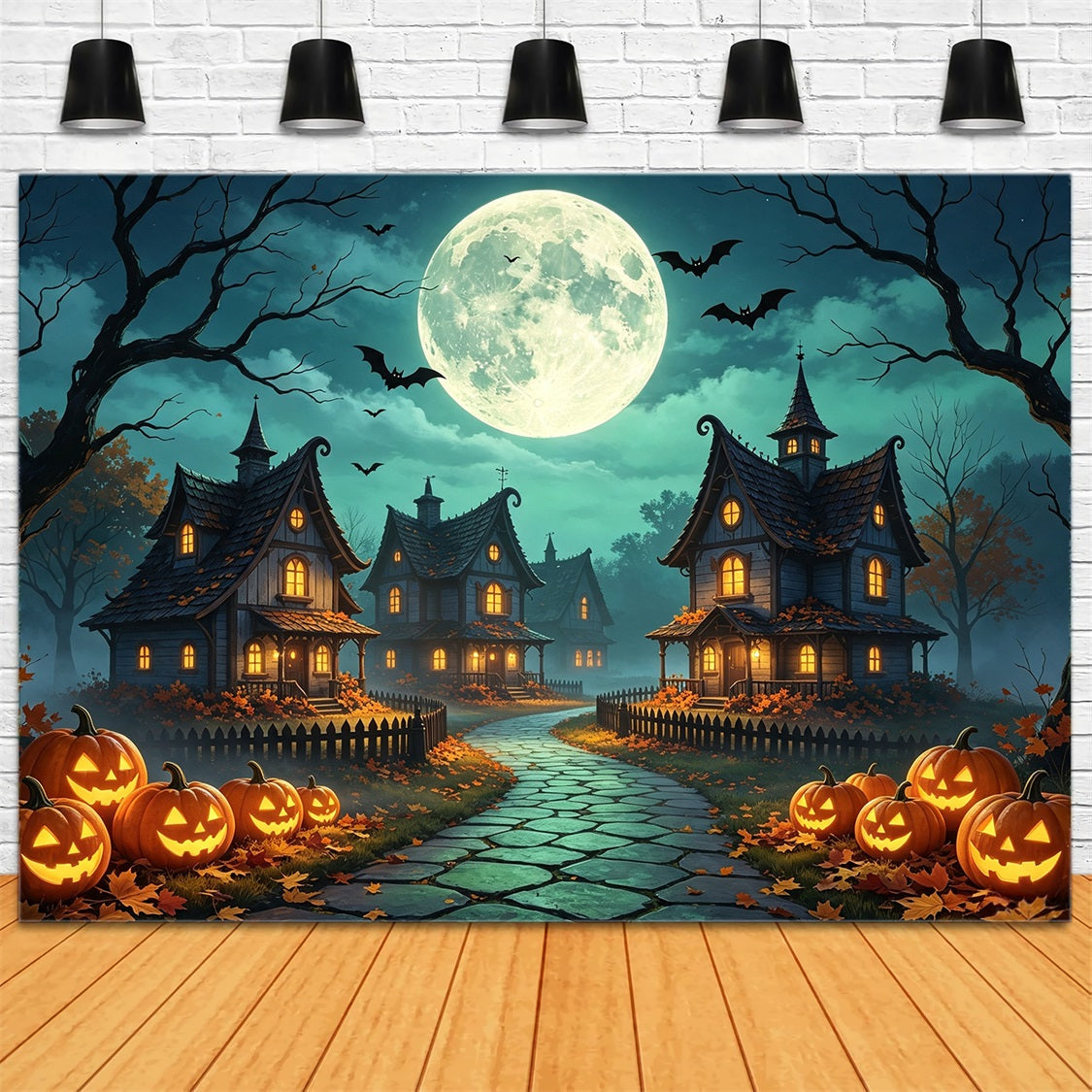 Hintergrundkulisse Für Halloween-Dorf Mondbeschienenes Kürbishäuschen Horrorfilm-Hintergrund GQ67-96