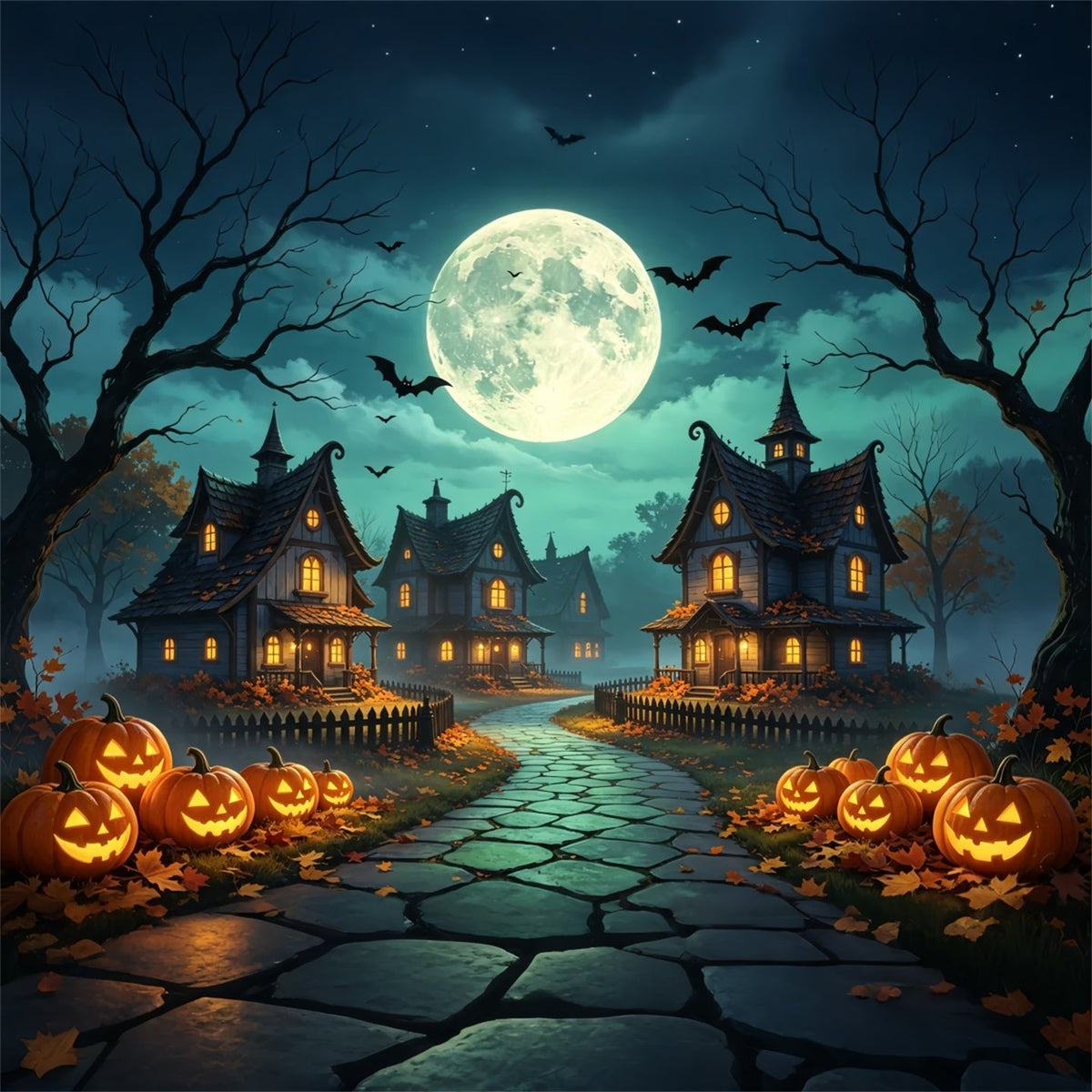 Hintergrundkulisse Für Halloween-Dorf Mondbeschienenes Kürbishäuschen Horrorfilm-Hintergrund GQ67-96