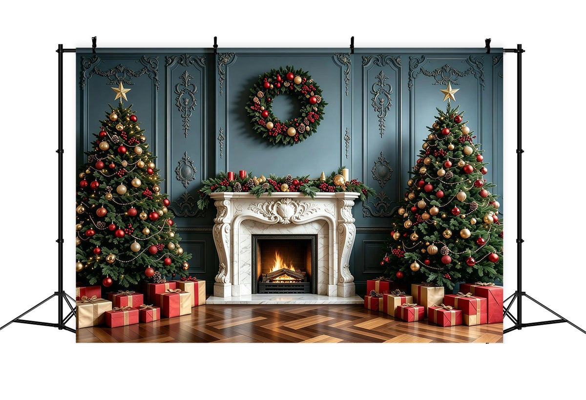 Weihnachtskamin-Hintergrund Elegante Blaue Wandgirlande Weihnachtsfotohintergrund GQ68-100