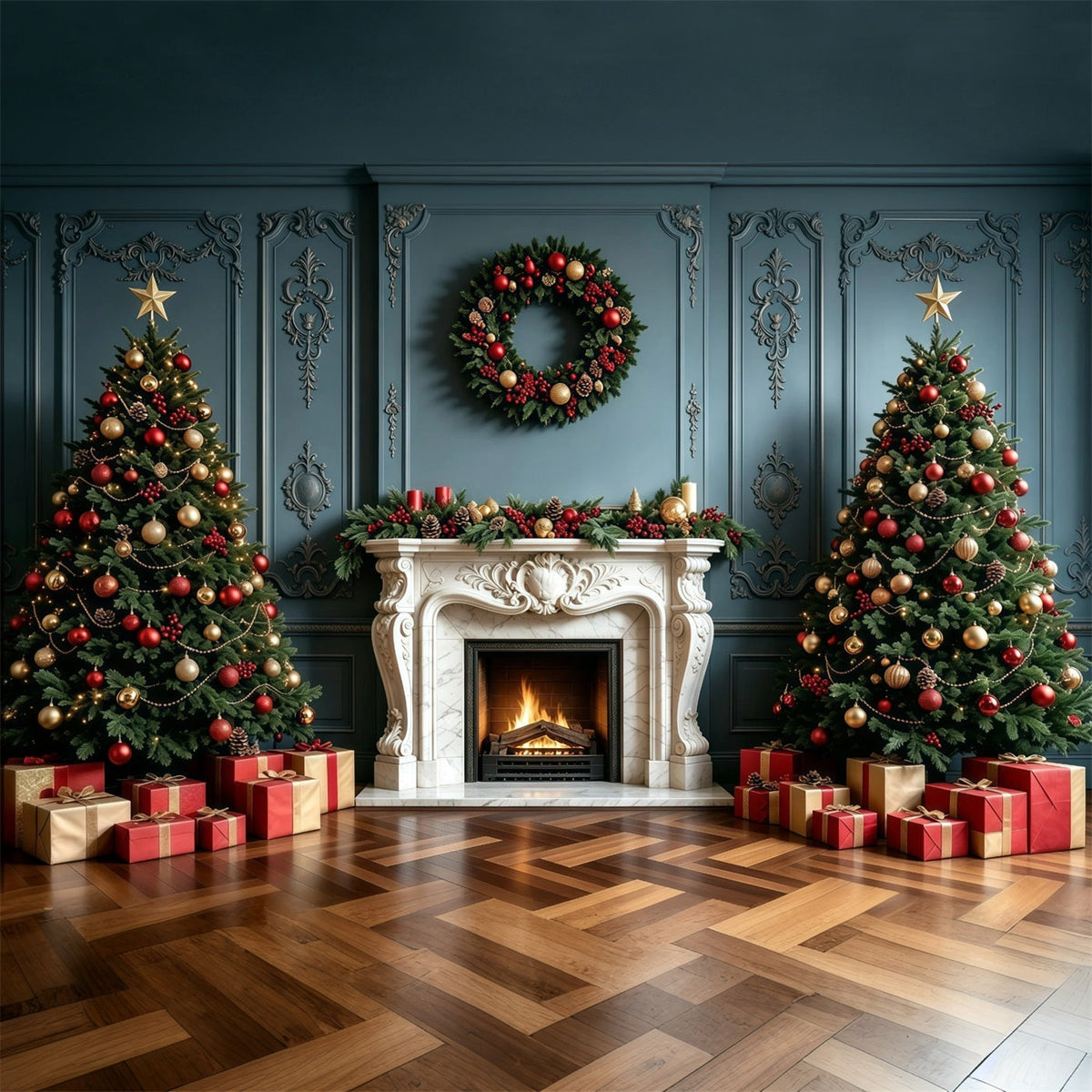 Weihnachtskamin-Hintergrund Elegante Blaue Wandgirlande Weihnachtsfotohintergrund GQ68-100